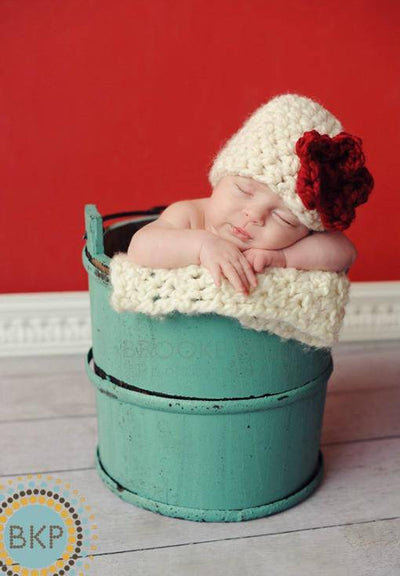 White Red Newborn Cloche Beanie Hat - Beautiful Photo Props