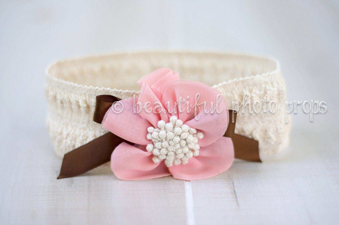 Crochet Lace Flower Headband Pink Beige - Beautiful Photo Props