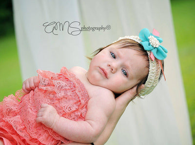 Crochet Lace Flower Headband Pink Beige - Beautiful Photo Props