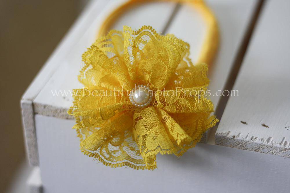 Vintage Lace Flower Headband Yellow - Beautiful Photo Props