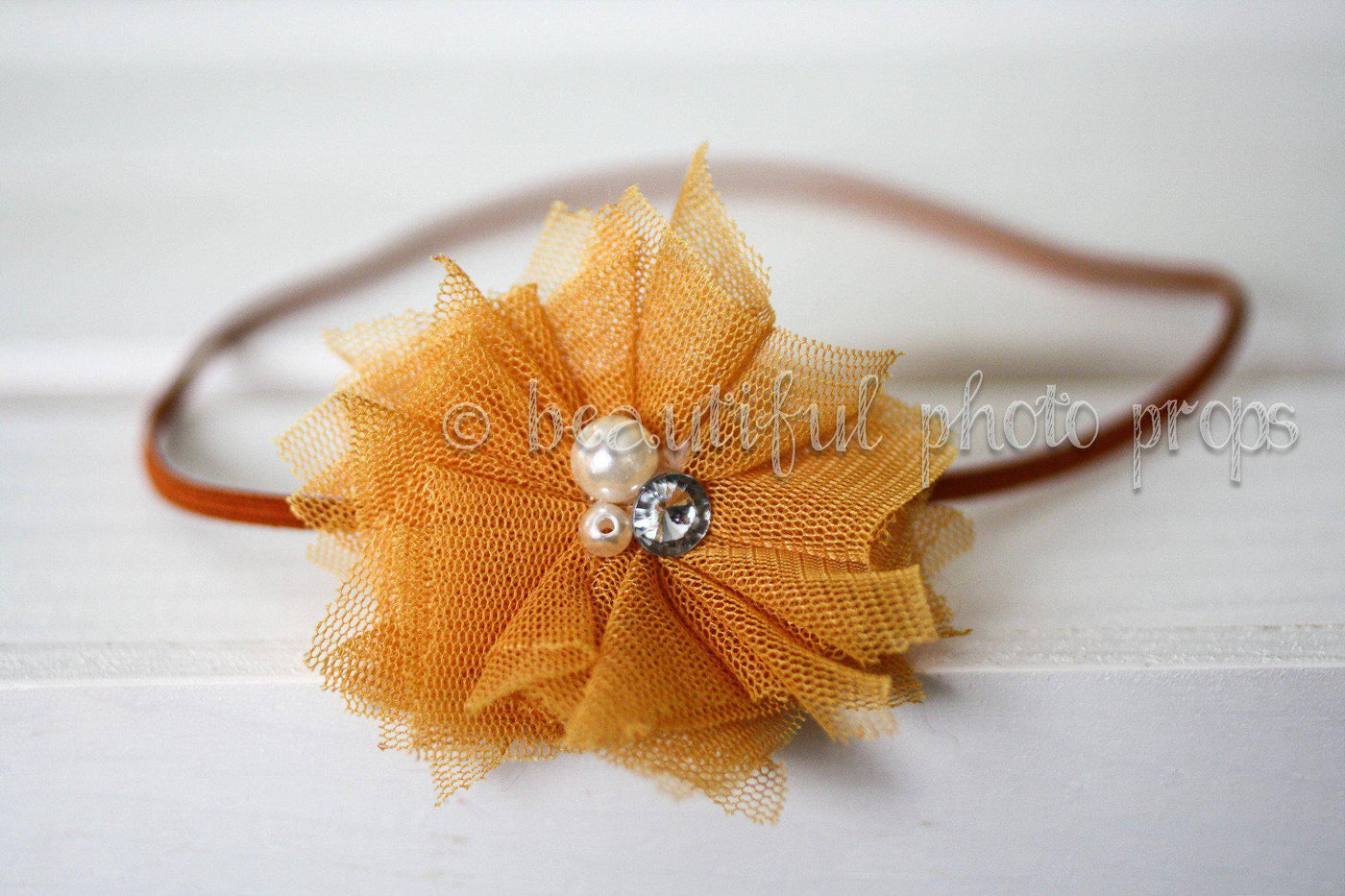 Mustard Yellow Lace Pearl Rhinestone Flower Headband - Beautiful Photo Props